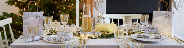 Gold Christmas Table Ideas With Mistletoe Decorations and Tableware with Foil Detail Containing Napkins, Crackers, Name Placecards Collection Banner - Talking Tables Wholesale UK