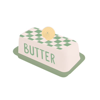 Checkered butter dish with 'BUTTER' text on a white background