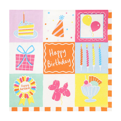 Colorful birthday-themed paper plates with various illustrations on a white background