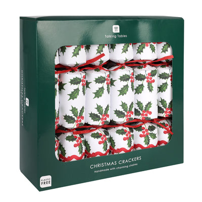 Holly White Christmas Crackers - 12 Pack