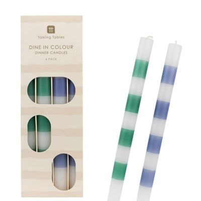 Green & Blue Stripe Dinner Candles - 4 Pack | Home Decor Gift |