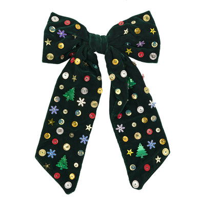 Green Embellished Christmas Icons Bow - 10cm | Christmas Decor |