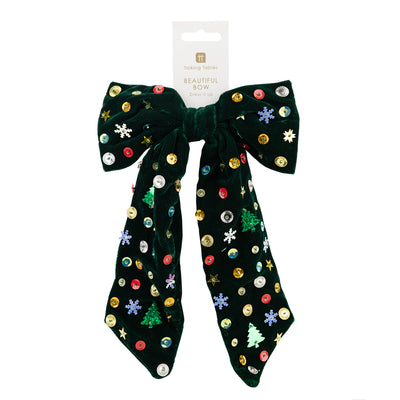 Green Embellished Christmas Icons Bow - 10cm | Christmas Decor |