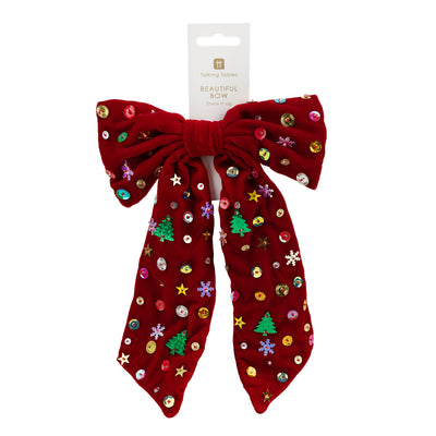 Red Embellished Christmas Icons Bow - 10cm | Christmas Decor |