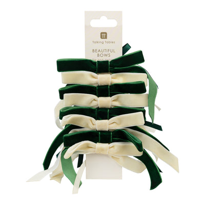 Green & Cream Velvet Bows - 8 Pack | Christmas Decor |