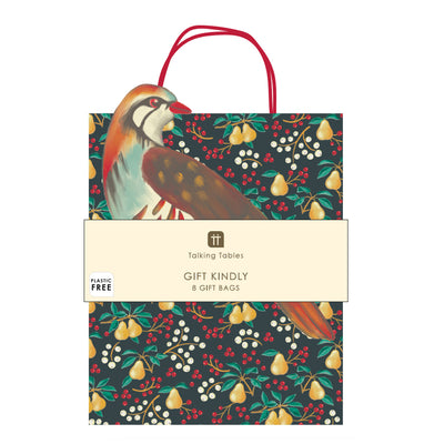 Partridge & Pear Paper Gift Bags - 8 Pack | Christmas Gifting |