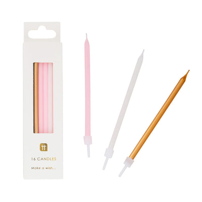 Gold, White & Pink Birthday Candles - 16 Pack | Cake Candles |