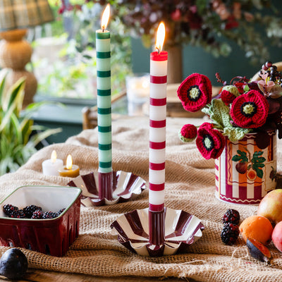 Burgundy Stripe Scalloped Candle Holder | Christmas |