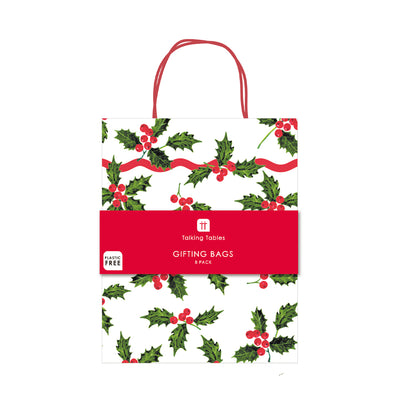 Holly White Christmas Paper Gift Bag - 8 Pack