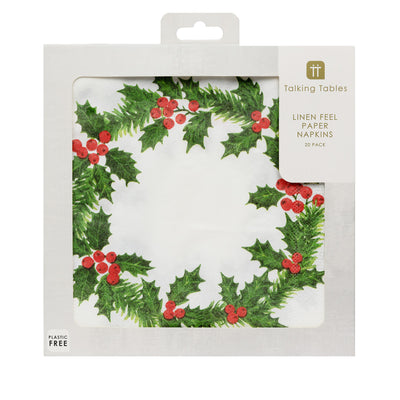 Holly Wreath Paper Napkins - 20 Pack | Christmas Napkins |
