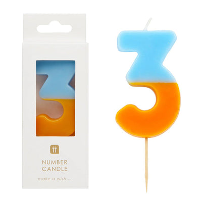 Orange & Light Blue Number Candle - 3