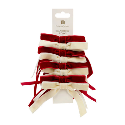 Red & Cream Velvet Bows - 8 Pack | Everyday Decor |
