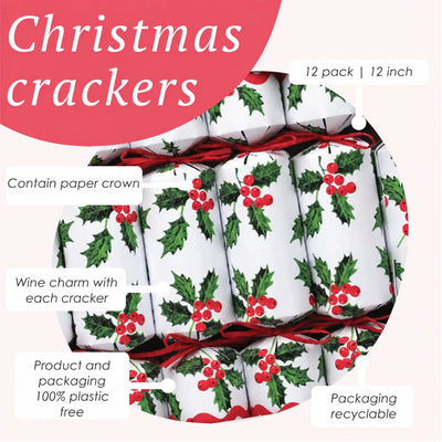 Holly White Christmas Crackers -  12 Pack | Christmas Decor |