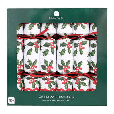 Botanical Holly White Christmas Crackers - 6 Pack