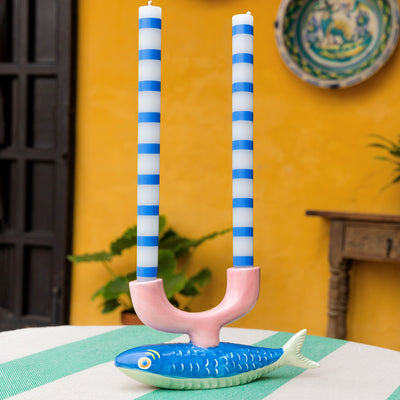 Blue & White Stripe Straight Dinner Candles - POS Unit