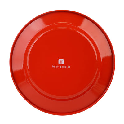 Back of plate, small 'Talking Tables' logo on a red background