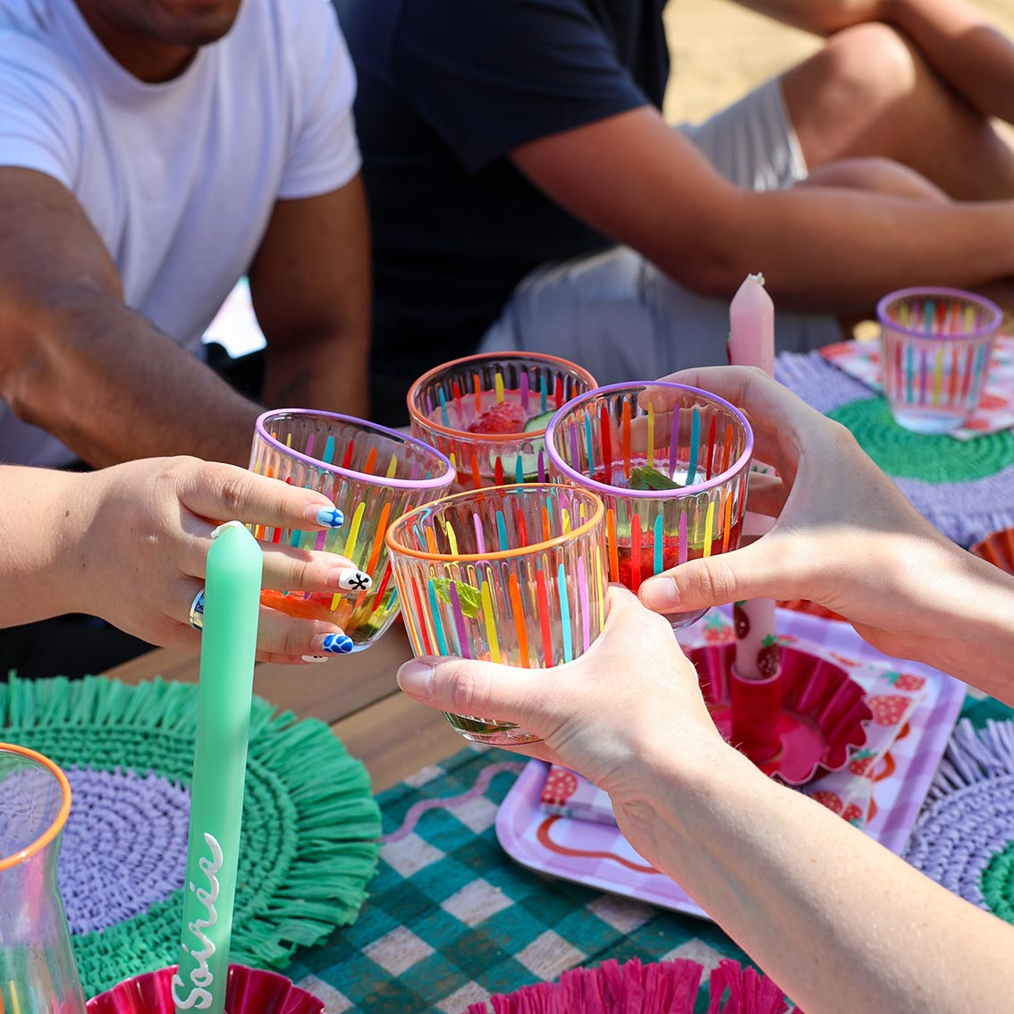 Bright Multi-Coloured Striped Glass Tumblers - 6 Pack