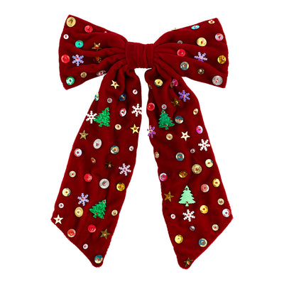 Red Embellished Christmas Icons Bow - 10cm | Christmas Decor |