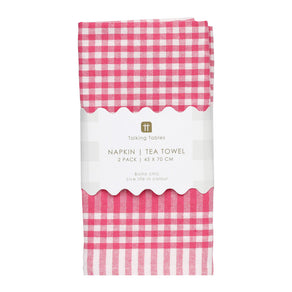 Bon Appetit Raspberry & White Fabric Gingham Napkins/Tea Towels - 2 Pack