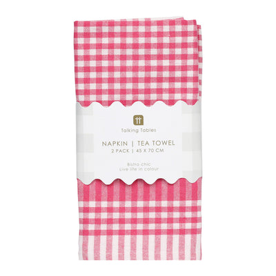 Bon Appetit Raspberry & White Fabric Gingham Napkins/Tea Towels - 2 Pack