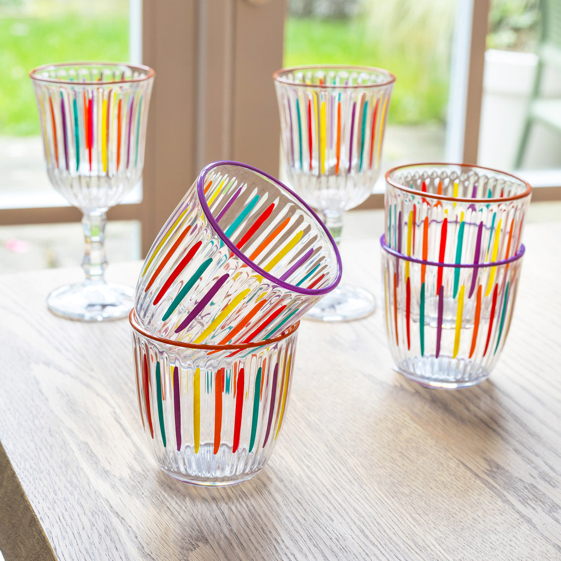 Bright Multi-Coloured Striped Glass Tumblers - 6 Pack