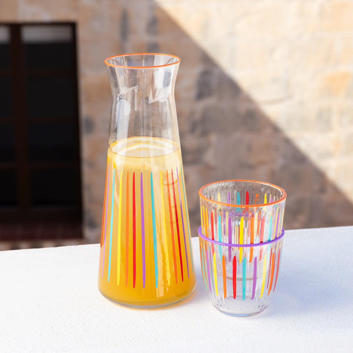 Bright Multi-Coloured Striped Glass Tumblers - 6 Pack