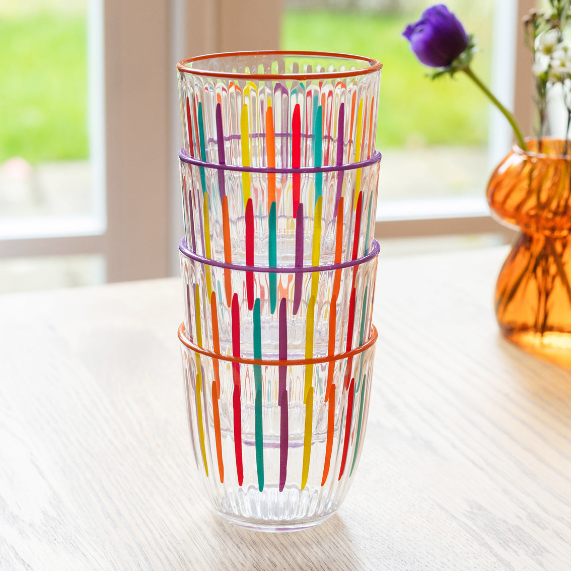 Bright Multi-Coloured Striped Glass Tumblers - 6 Pack