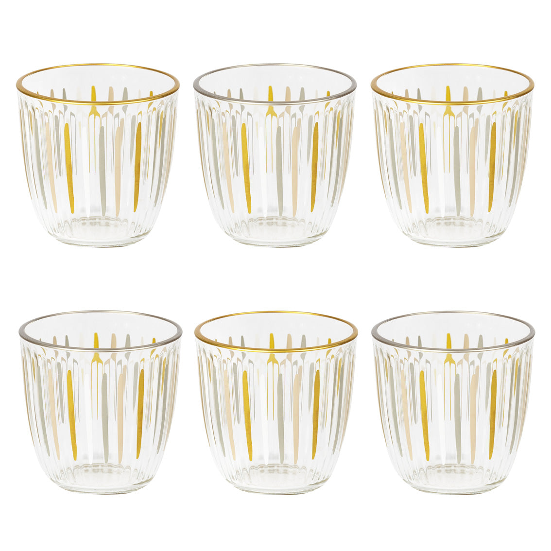 6 White & Gold Striped Glass Tumblers 