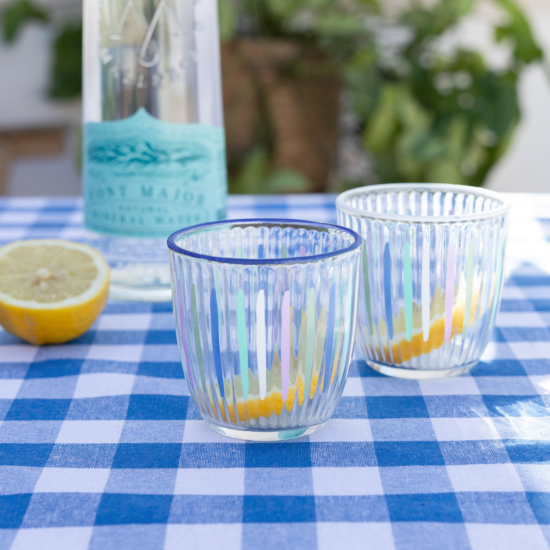 Blue & White Striped Glass Tumblers - 6 Pack