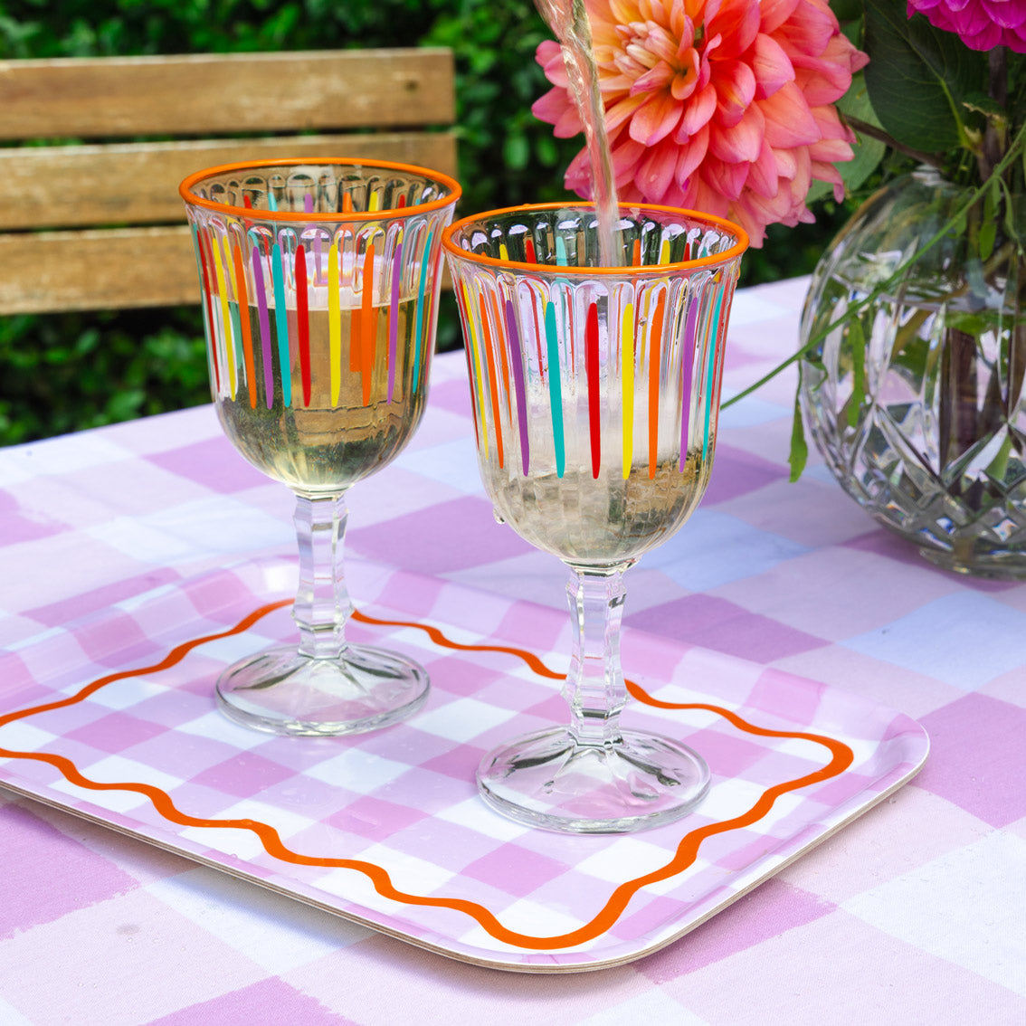 Bright Multi-Coloured Striped Wine Glasses - 6 Pack