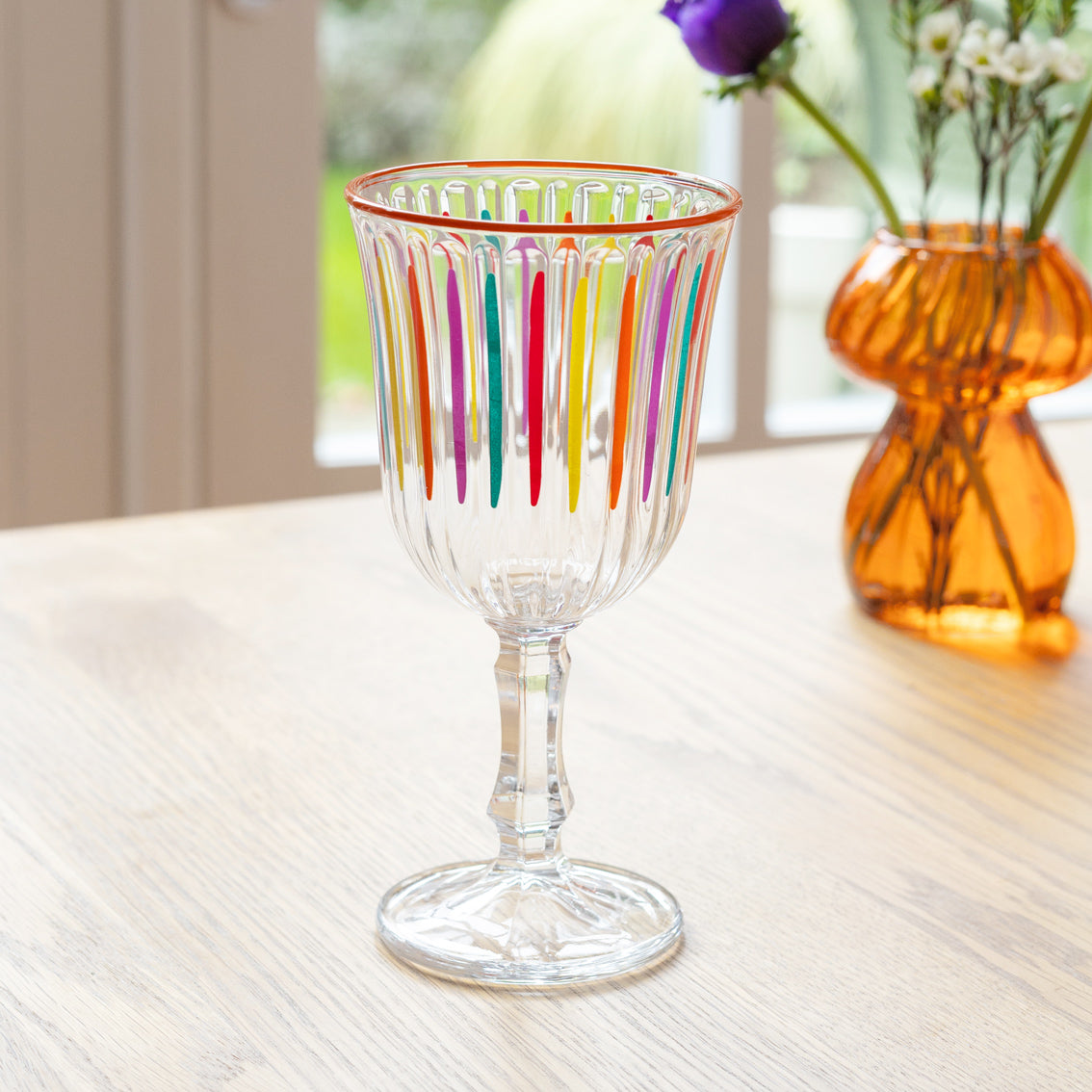 Bright Multi-Coloured Striped Wine Glasses - 6 Pack