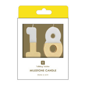 White & Gold Milestone Birthday Number Candle - 18