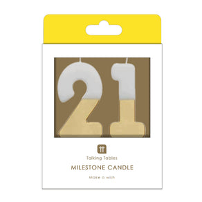 White & Gold Milestone Birthday Number Candle - 21