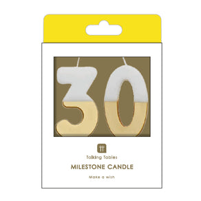 White & Gold Milestone Birthday Number Candle - 30