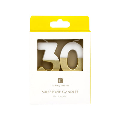 White & Gold Milestone Birthday Number Candle - 30