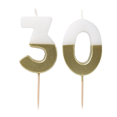 White & Gold Milestone Birthday Number Candle - 30