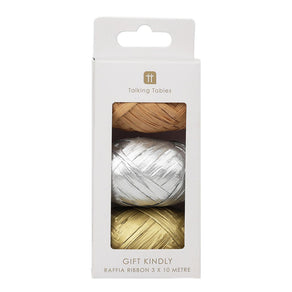 Silver, Gold & Bronze Metallic Raffia Ribbon 