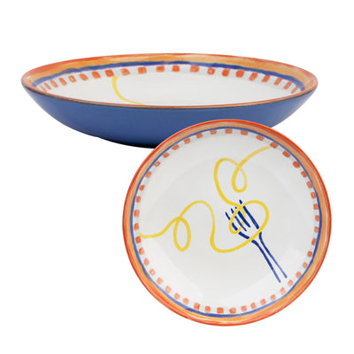Spaghetti Design Blue Ceramic Pasta Bowl - 23cm | Dinner Bowl |