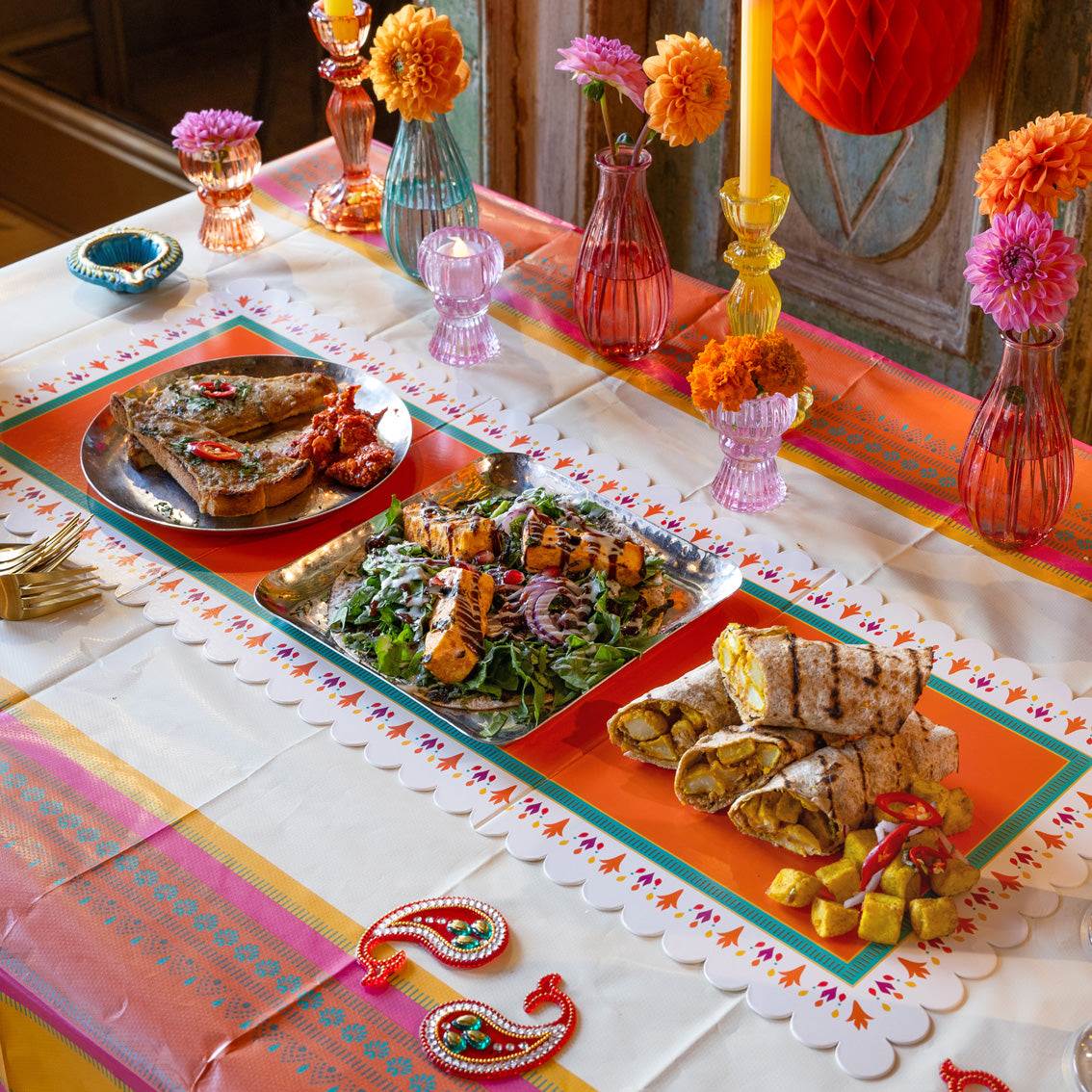 Spice Orange, Pink & Yellow Paper Table Cover