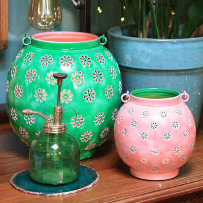 Metal Green & Pink Geometric Flower Lantern - Large