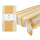 Yellow and white striped tablecloth with packaging on a white background
