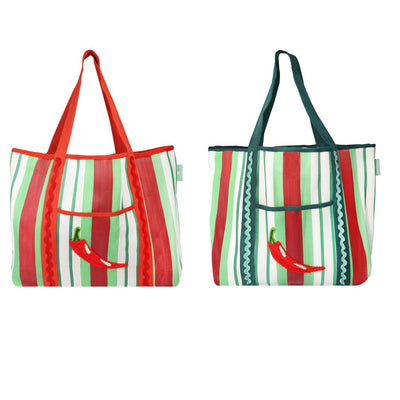Two striped tote bags with chili pepper designs on a white background

