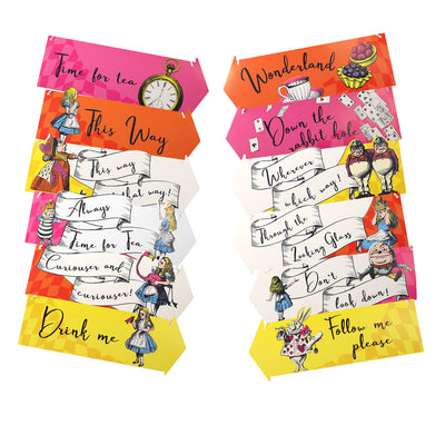Alice in Wonderland Bright Hanging Paper Sign Decorations - 12 Pack