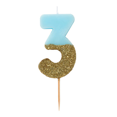 Blue Glitter Number Candle - 3