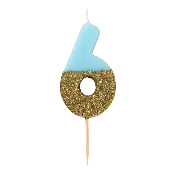 Blue Glitter Number Candle - 6