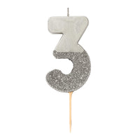 Silver Glitter Number Candle - 3