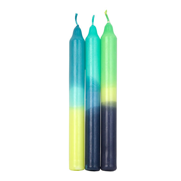 Marble 3 Tone Ombre Blue, Yellow and Green Dinner Candles - 3 Pack
